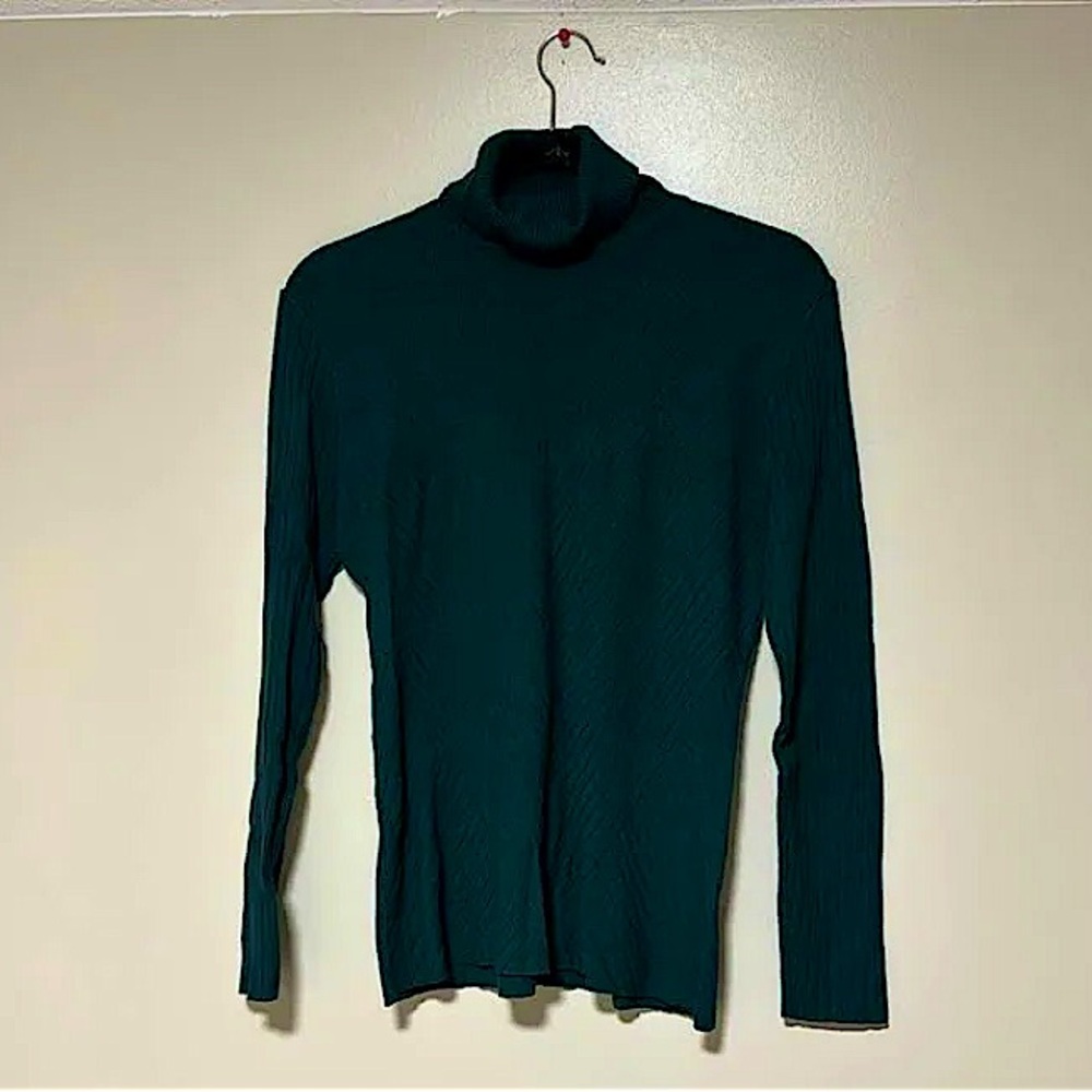 Green ribbed turtleneck sweater